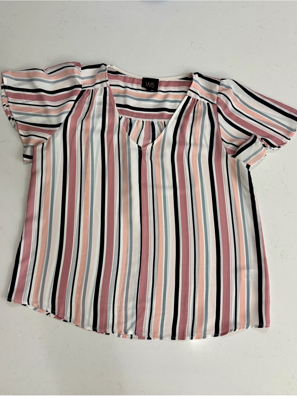 W5 Pink Multi-Striped V-Neck Short Sleeve Blouse